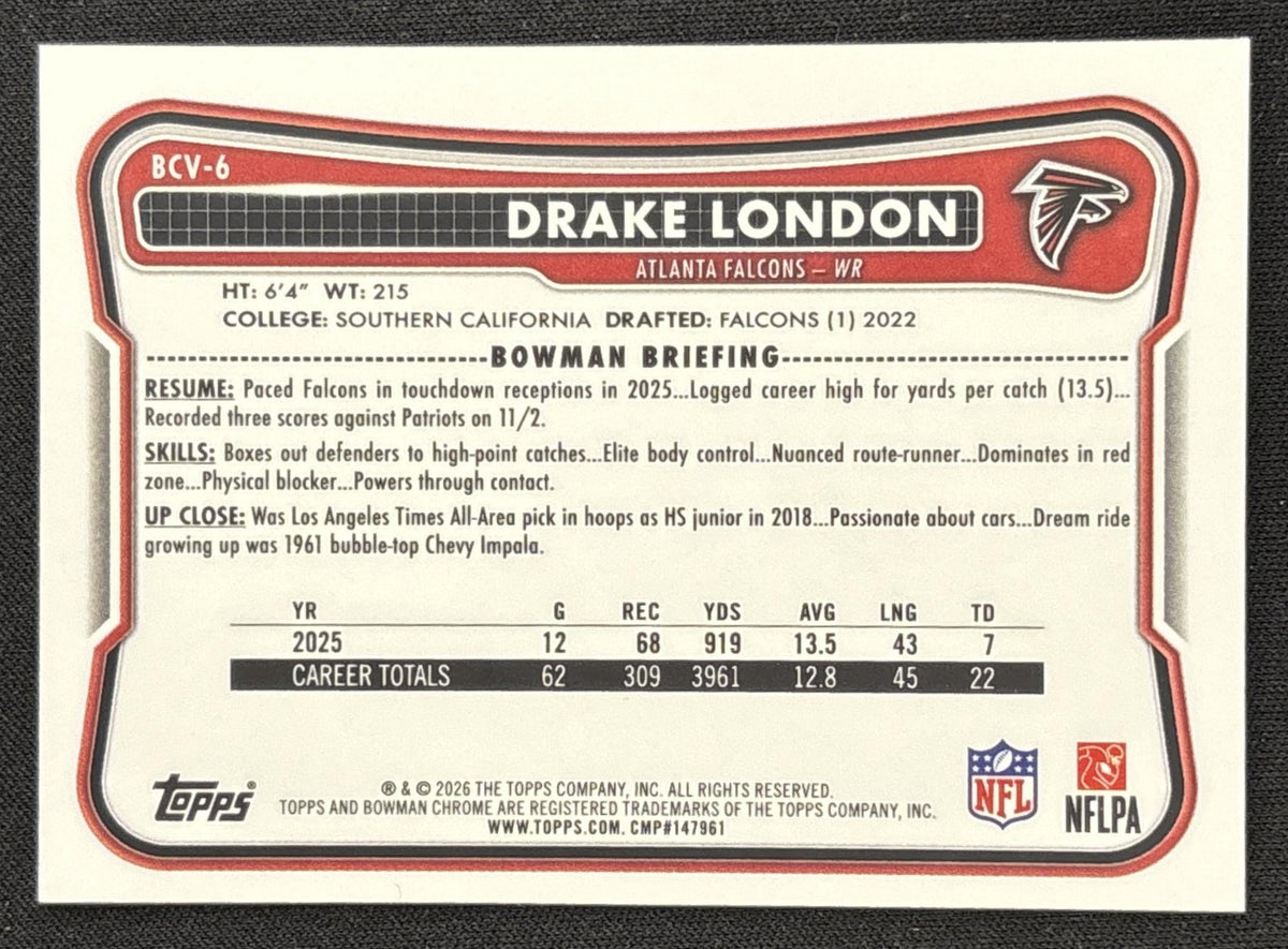 Drake London 2026 Bowman Chrome NFL Speckle Refractor Falcons