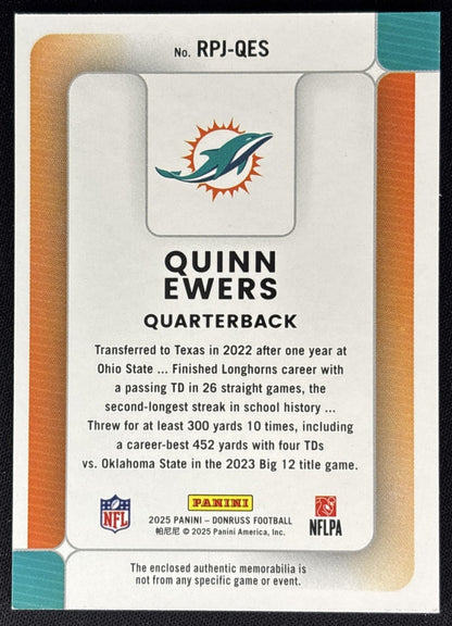 Quinn Ewers 2025 Panini Donruss Rookie Phenom Jerseys Dolphins back