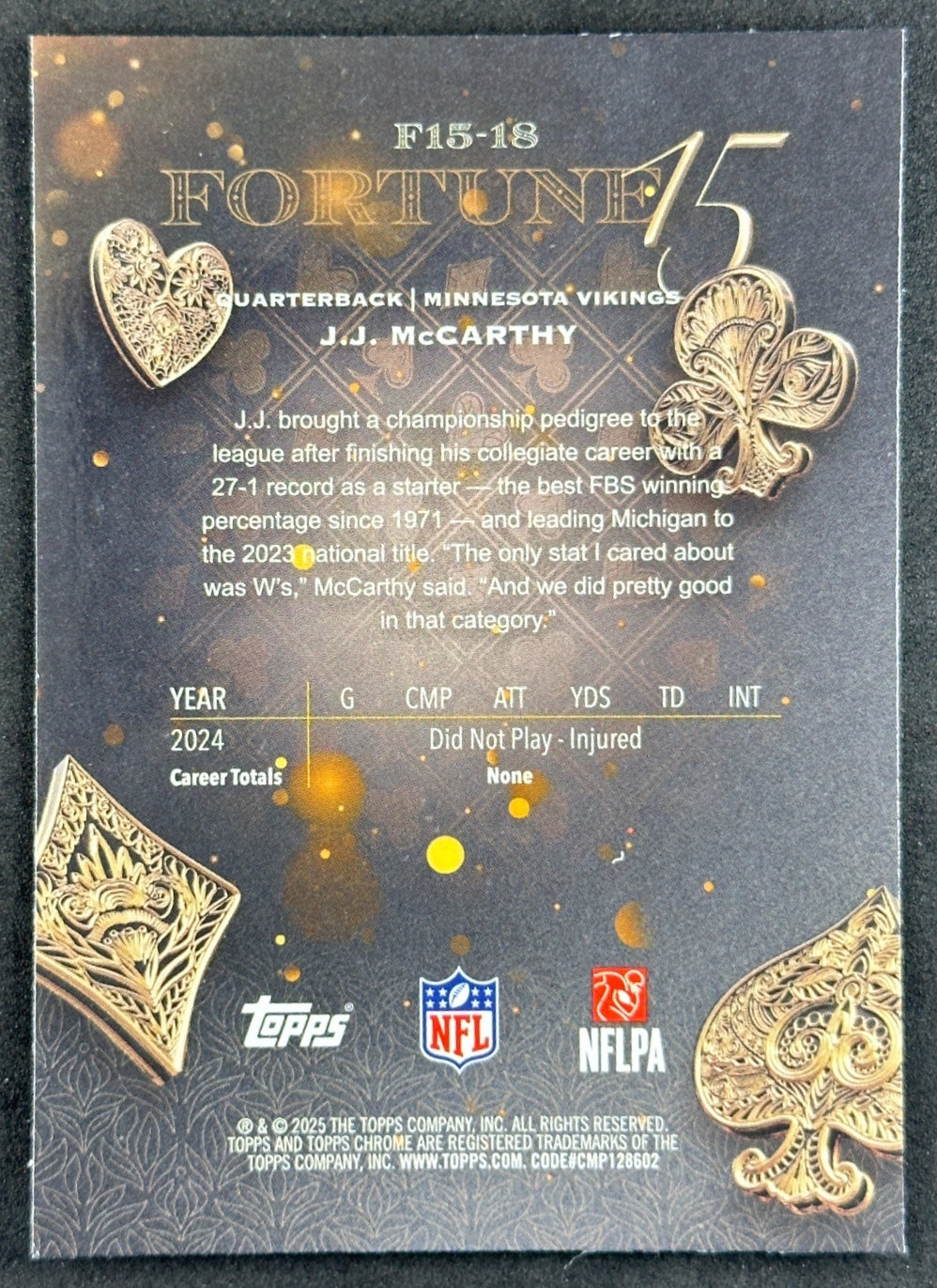 J.J. McCarthy 2025 Topps Chrome Fortune 15 Vikings Sports Trading Cards