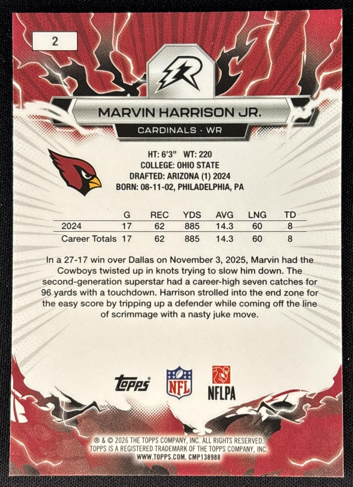 Marvin Harrison Jr. 2025 Topps Resurgence Cardinals Arizona Cardinals back