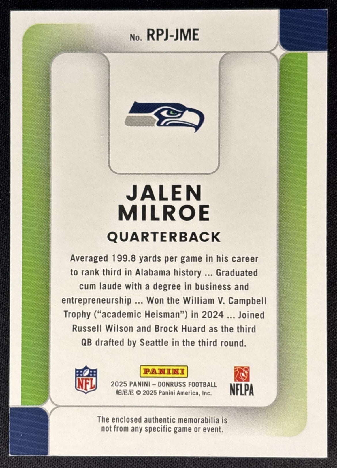 Jalen Milroe 2025 Panini Donruss Rookie Phenom Jerseys Seahawks back