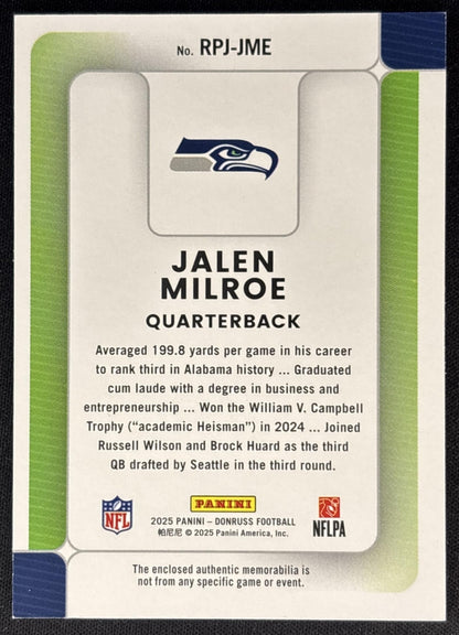 Jalen Milroe 2025 Panini Donruss Rookie Phenom Jerseys Seahawks back