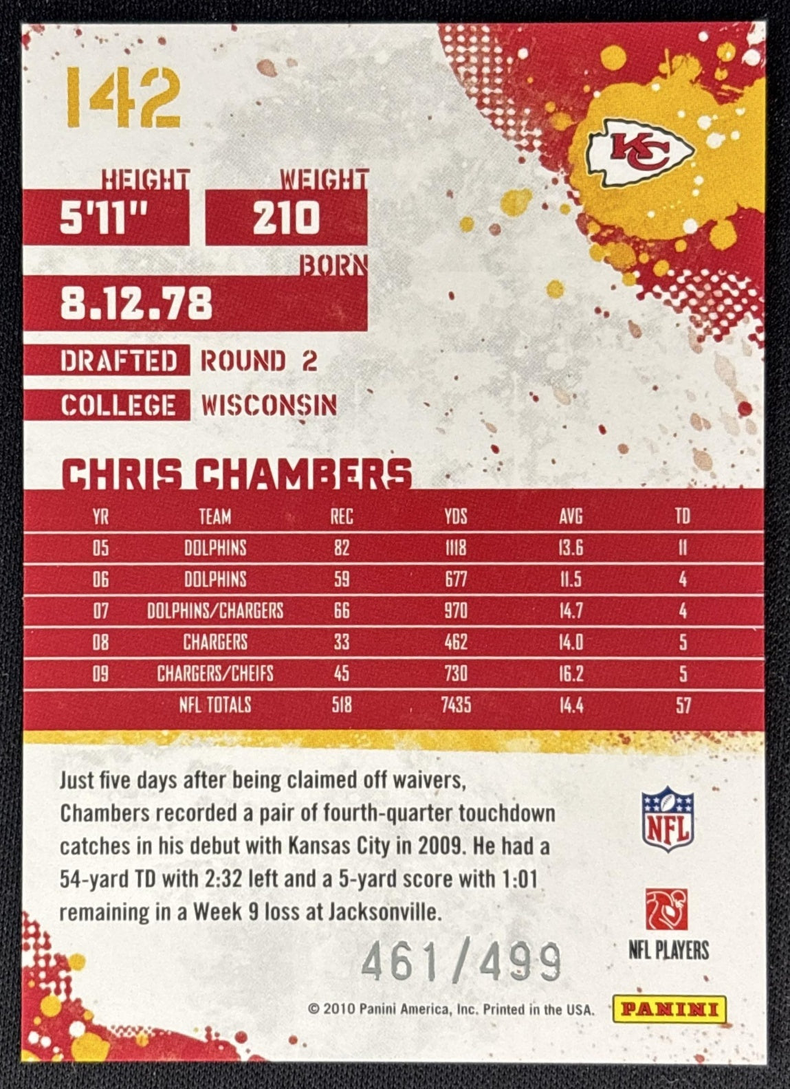 Chris Chambers 2010 Panini Score Scorecard /499 Chiefs back