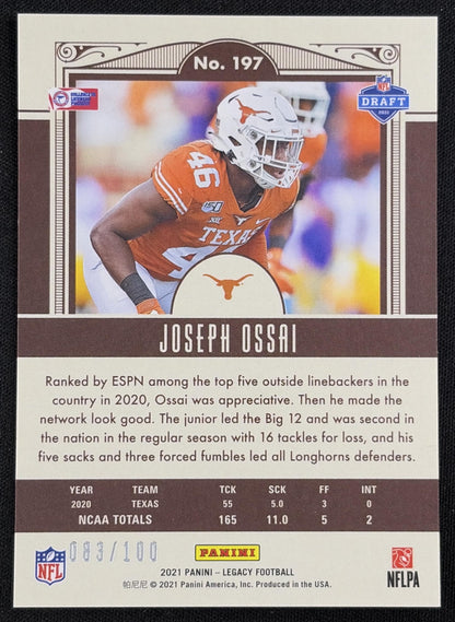 Back of Joseph Ossai 2021 Panini Legacy Rookies Premium Edition Bronze /100 Longhorns sports trading card