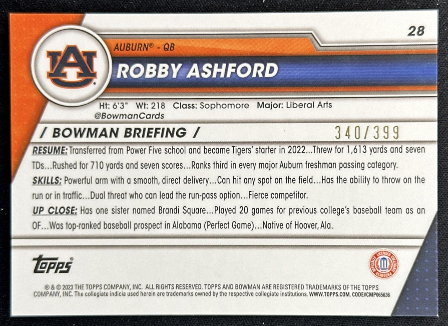 Robby Ashford 2023 Bowman University Chrome Purple Refractor /399 back