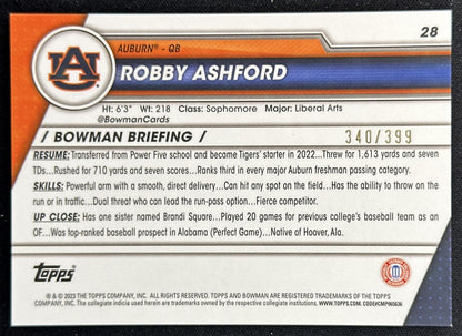 Robby Ashford 2023 Bowman University Chrome Purple Refractor /399 back
