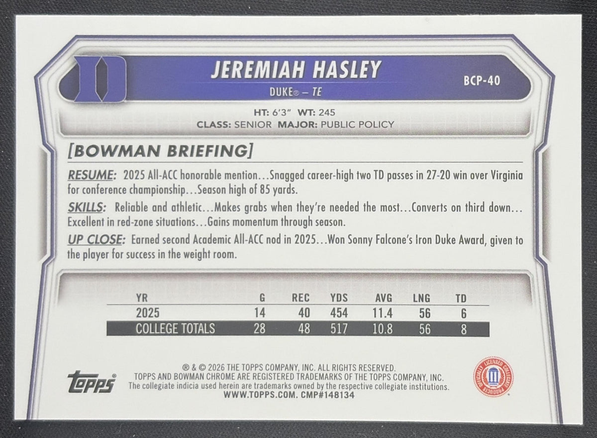Jeremiah Hasley 2026 Bowman Chrome Prospects Mojo Refractor Blue Devils Duke Blue Devils Sports Trading Card