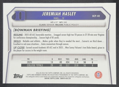 Jeremiah Hasley 2026 Bowman Chrome Prospects Mojo Refractor Blue Devils Duke Blue Devils Sports Trading Card