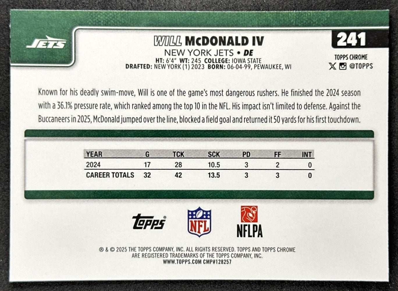 Will McDonald IV 2025 Topps Chrome Sapphire Jets back