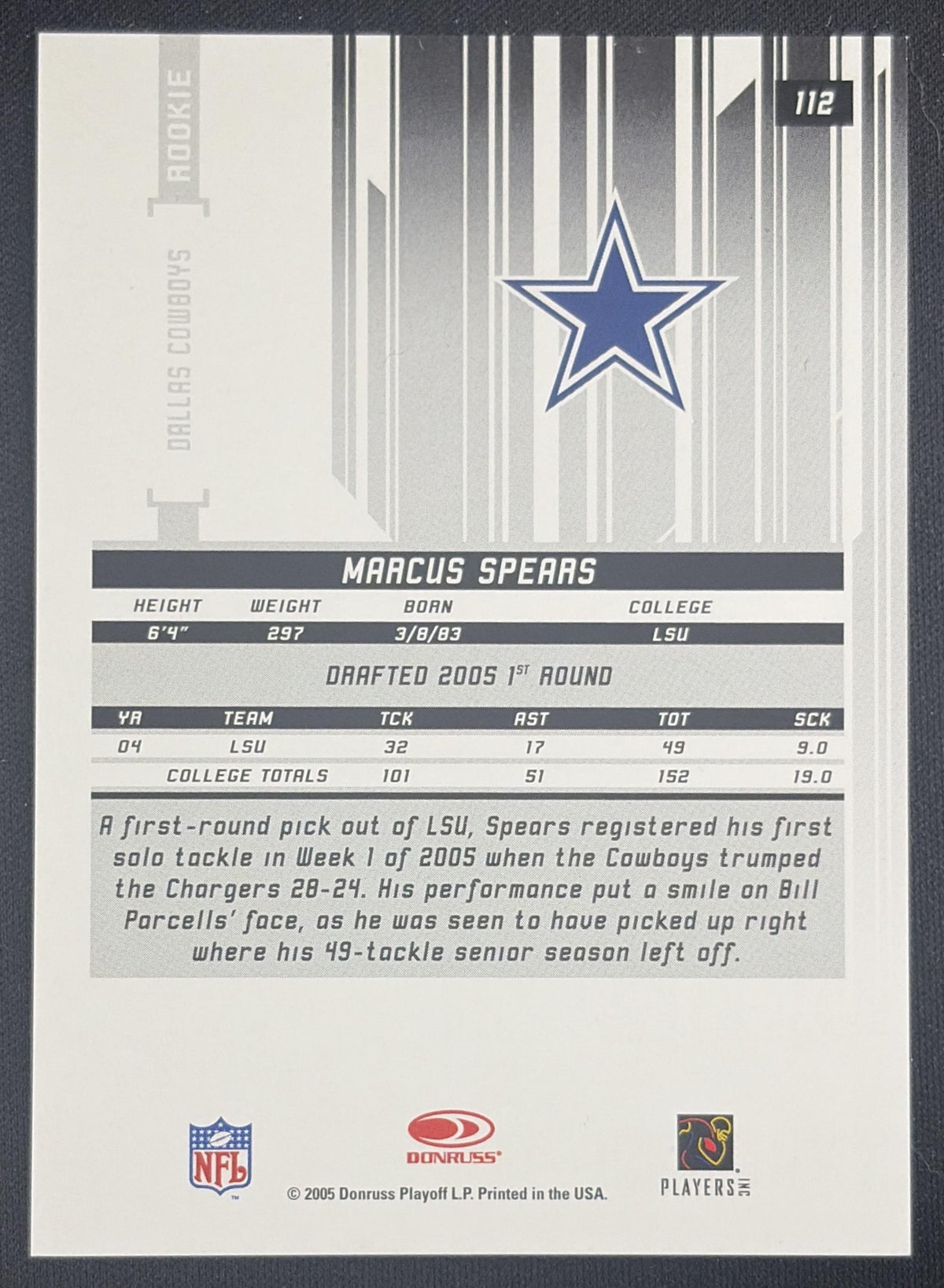 Marcus Spears 2005 Leaf Rookies & Stars Longevity Gold /150 Cowboys Sports Trading Card