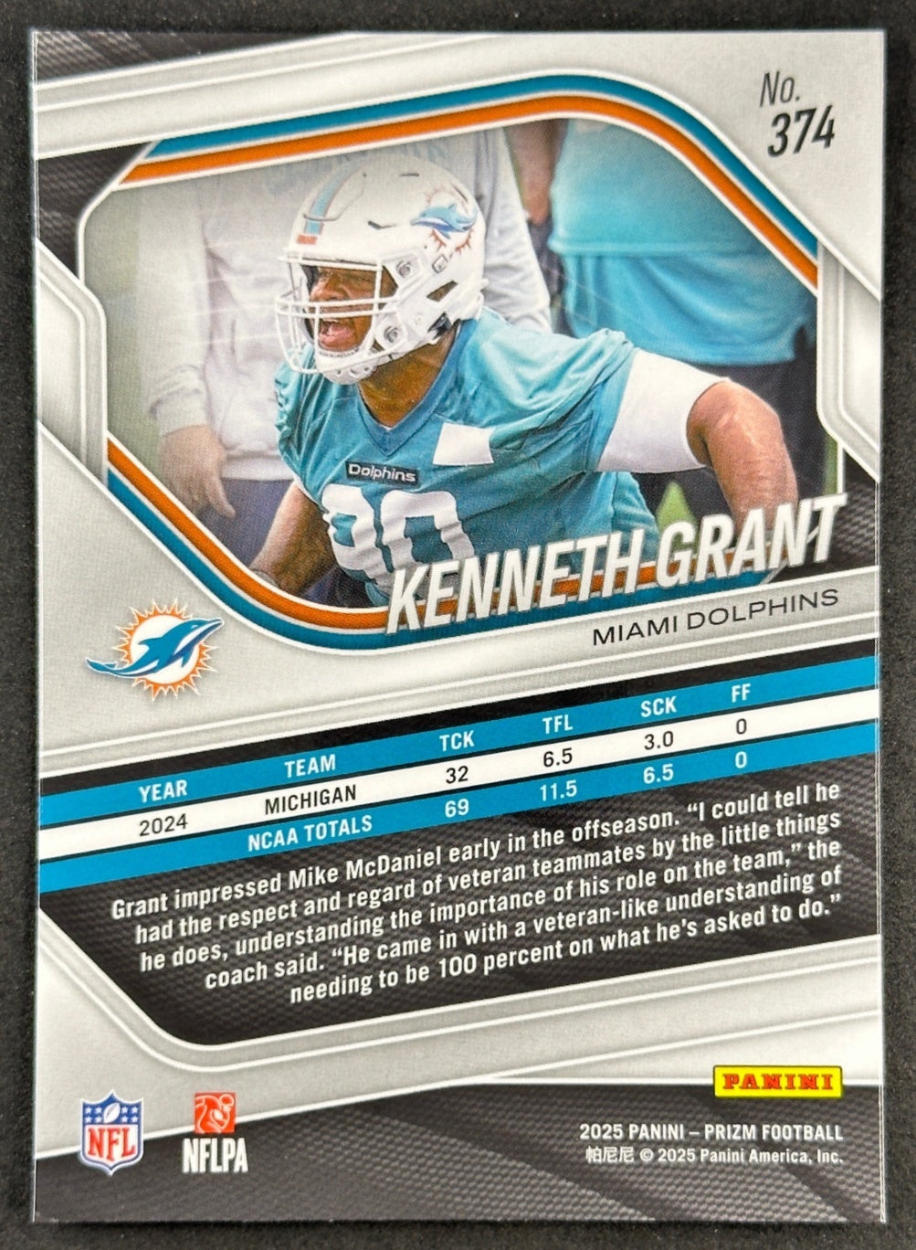 Kenneth Grant 2025 Prizm Dolphins Football