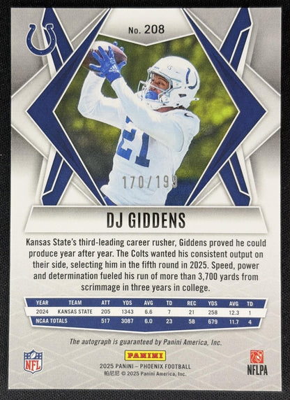 DJ Giddens 2025 Panini Phoenix Rookies Auto /199 Colts Back