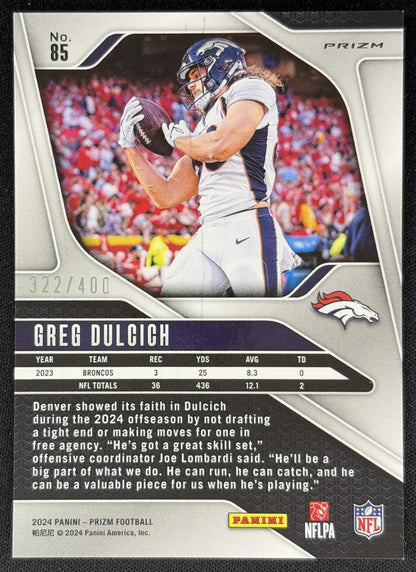 Greg Dulcich 2024 Panini Prizm Pandora /400 Broncos back