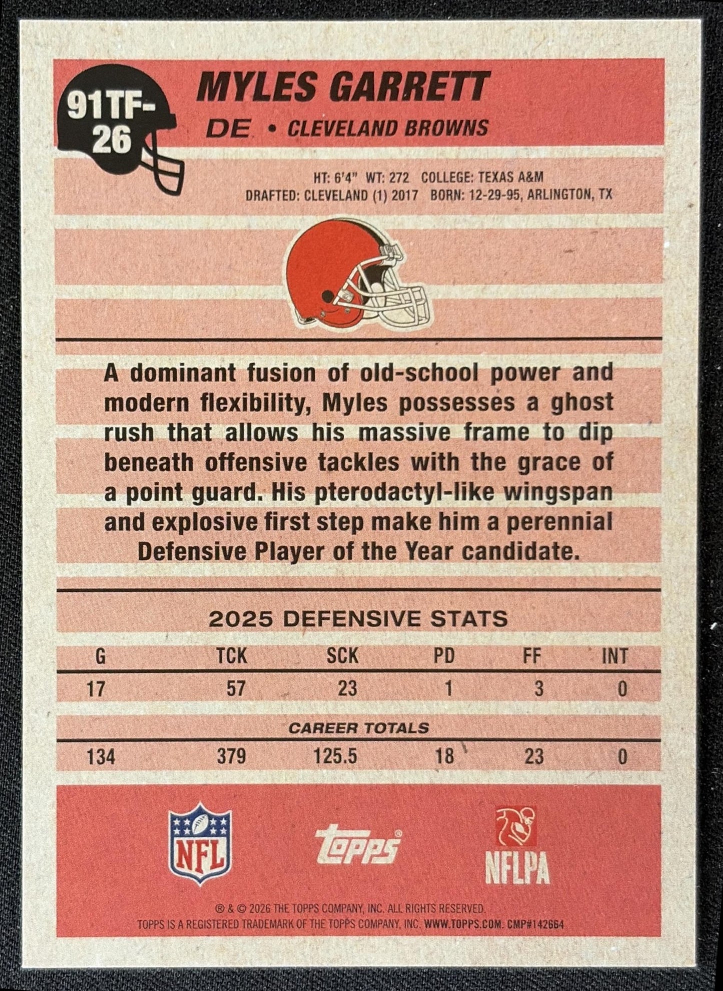 Myles Garrett 2026 Topps 1991 Browns back