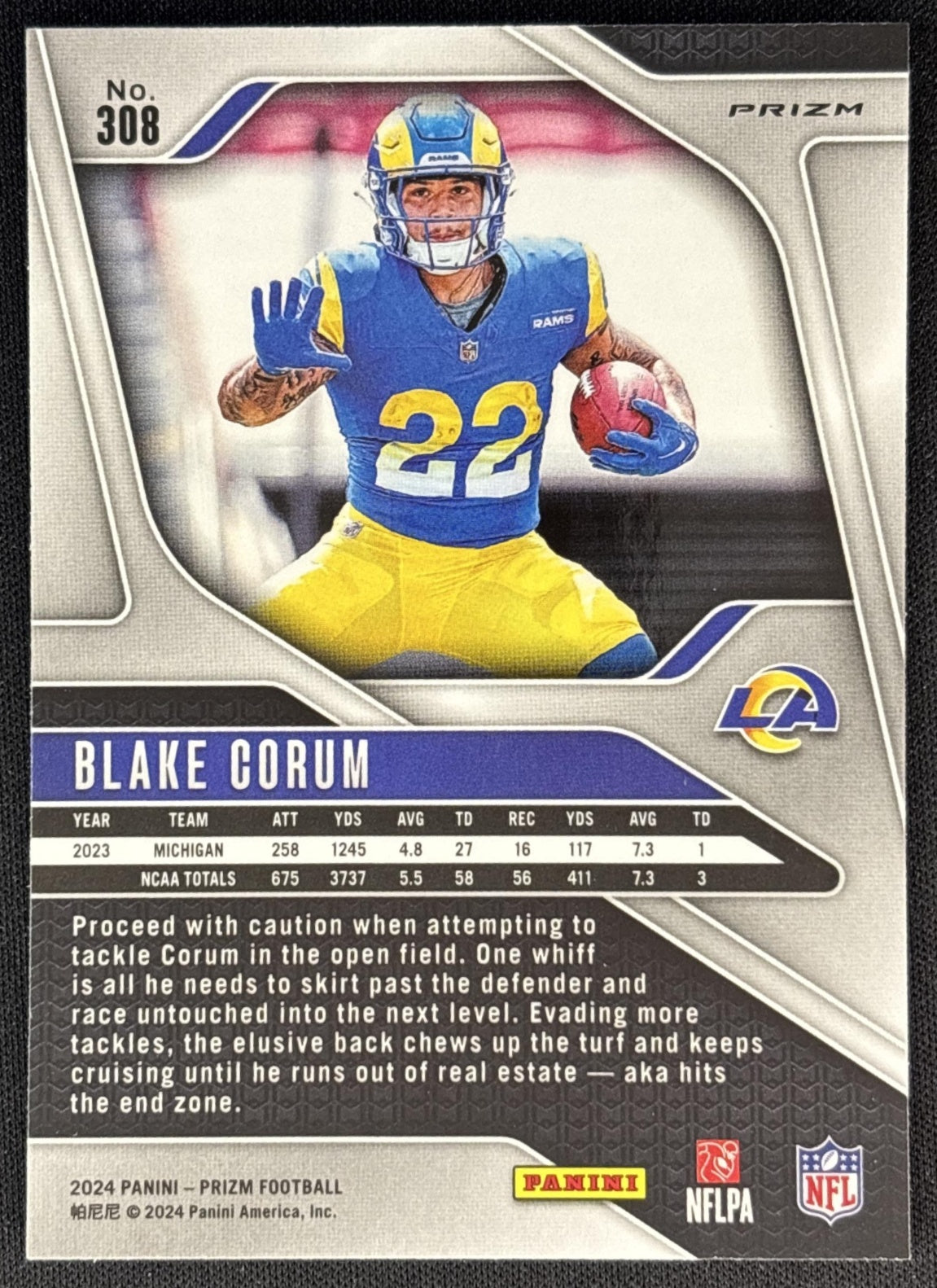Blake Corum 2024 Panini Prizm Neon Green Pulsar Rams back