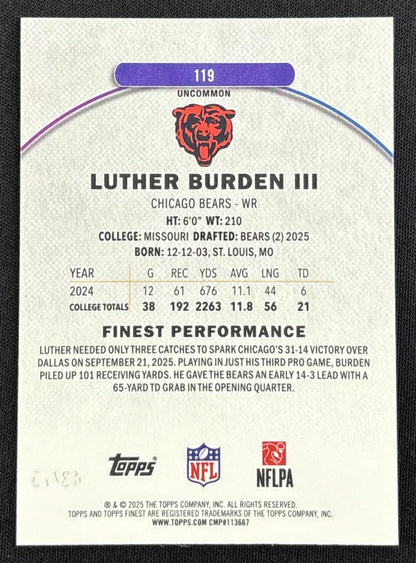 Luther Burden III 2025 Topps Finest Uncommon Blue X-Fractor /75 Bears