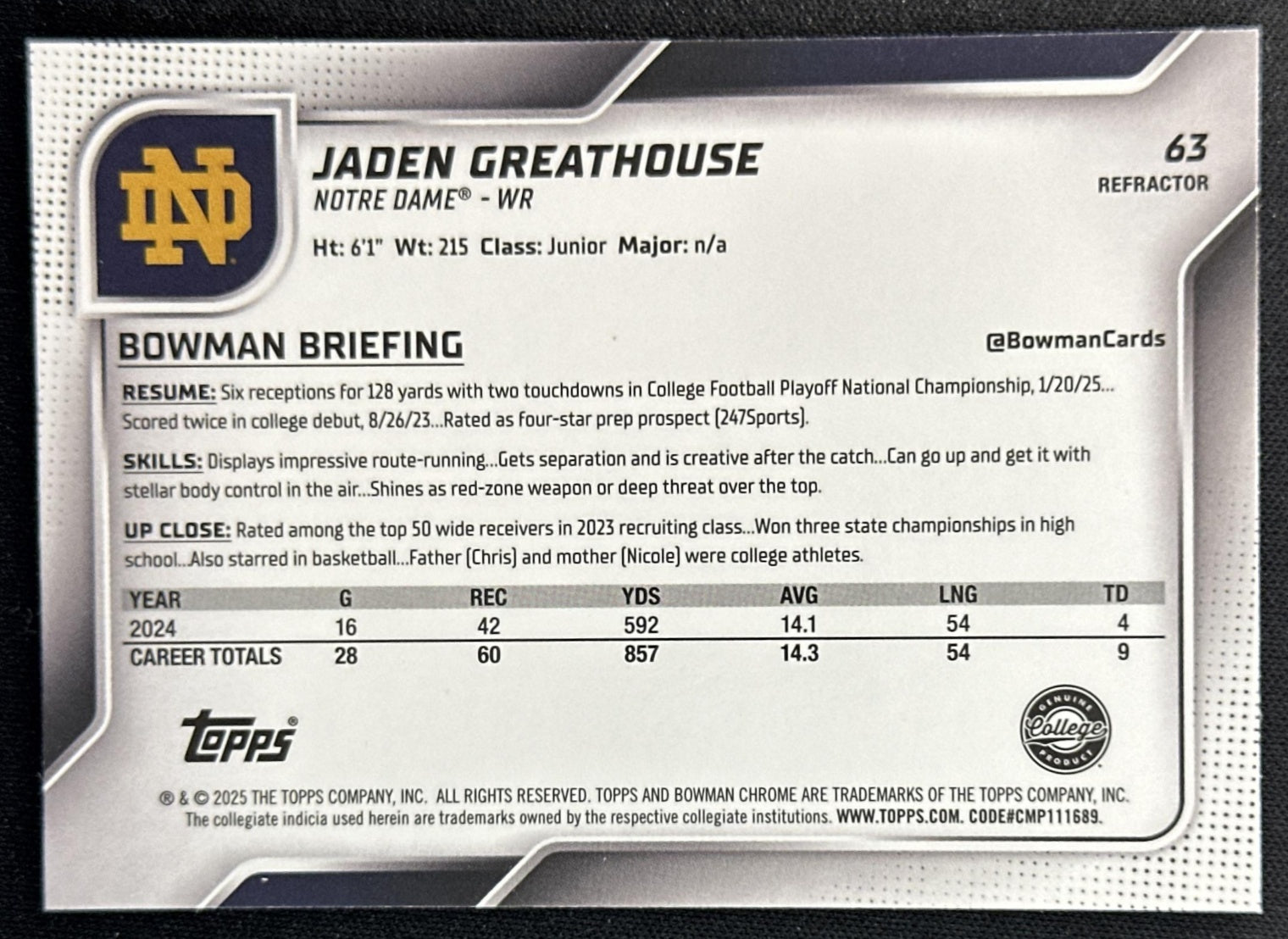 Jaden Greathouse 2025 Chrome University Prospects Refractor Fighting Irish