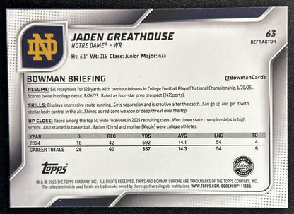 Jaden Greathouse 2025 Chrome University Prospects Refractor Fighting Irish