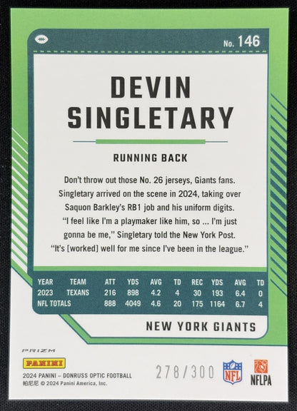 Devin Singletary 2024 Panini Donruss Optic Wave /300 Giants Back