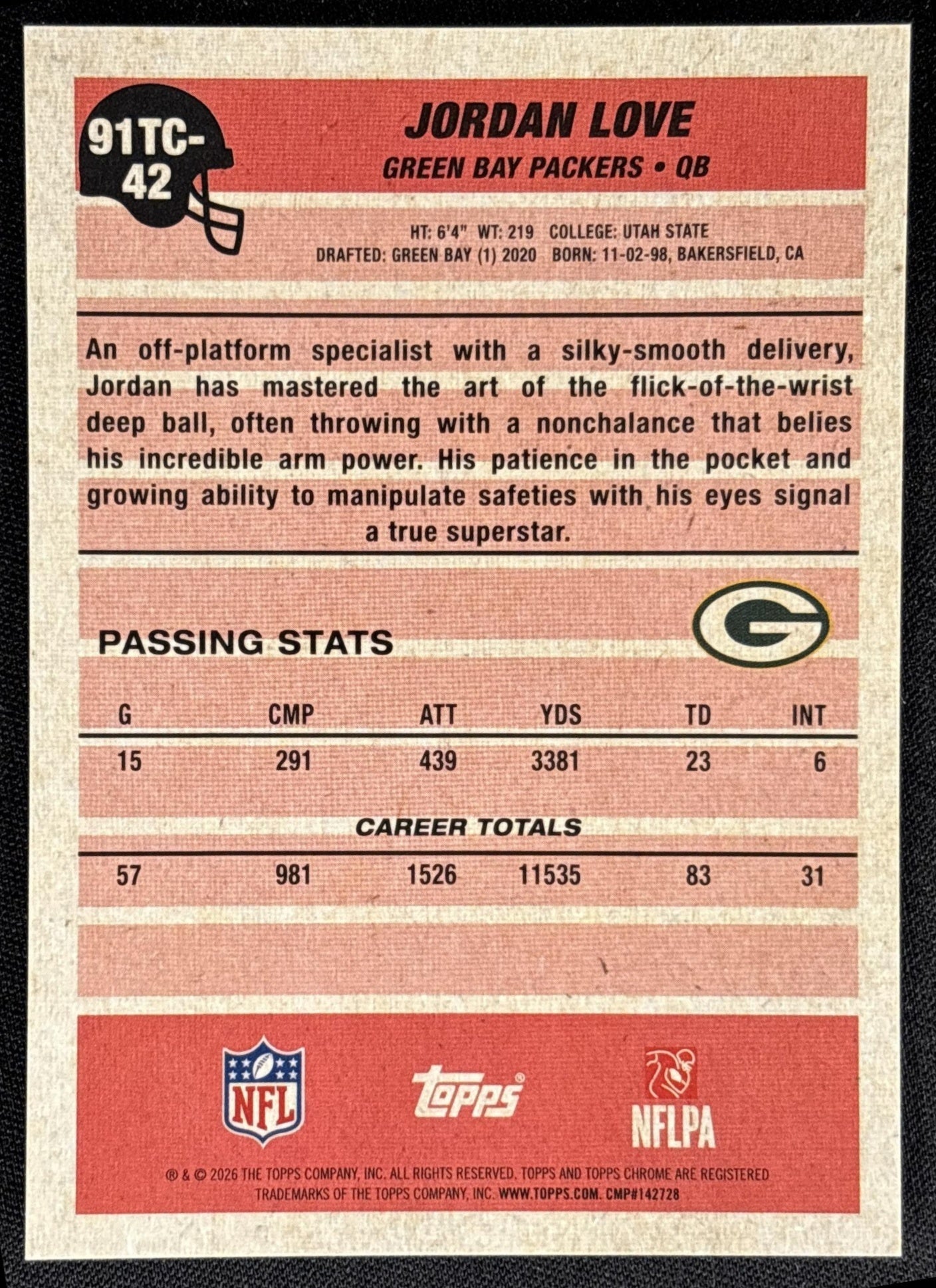 Jordan Love 2026 Topps 1991 Chrome Mojo Refractor Purple /75 Packers - back