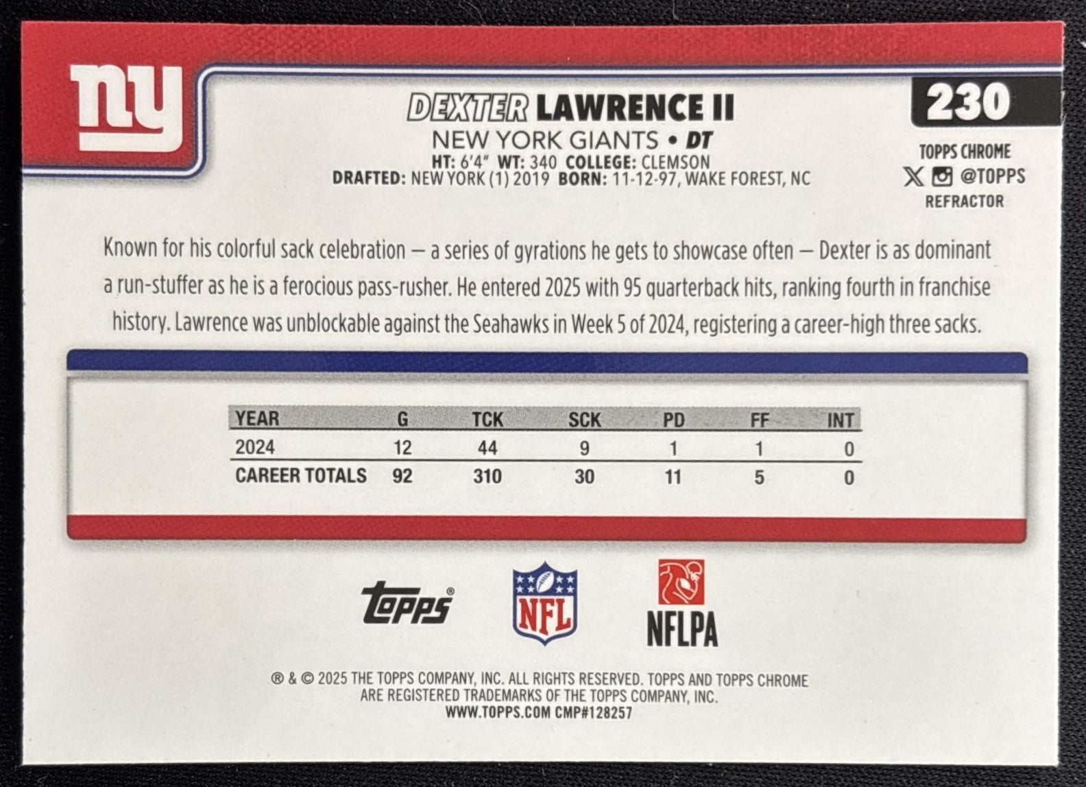 Dexter Lawrence II 2025 Topps Chrome Refractor Giants Sports Trading Cards