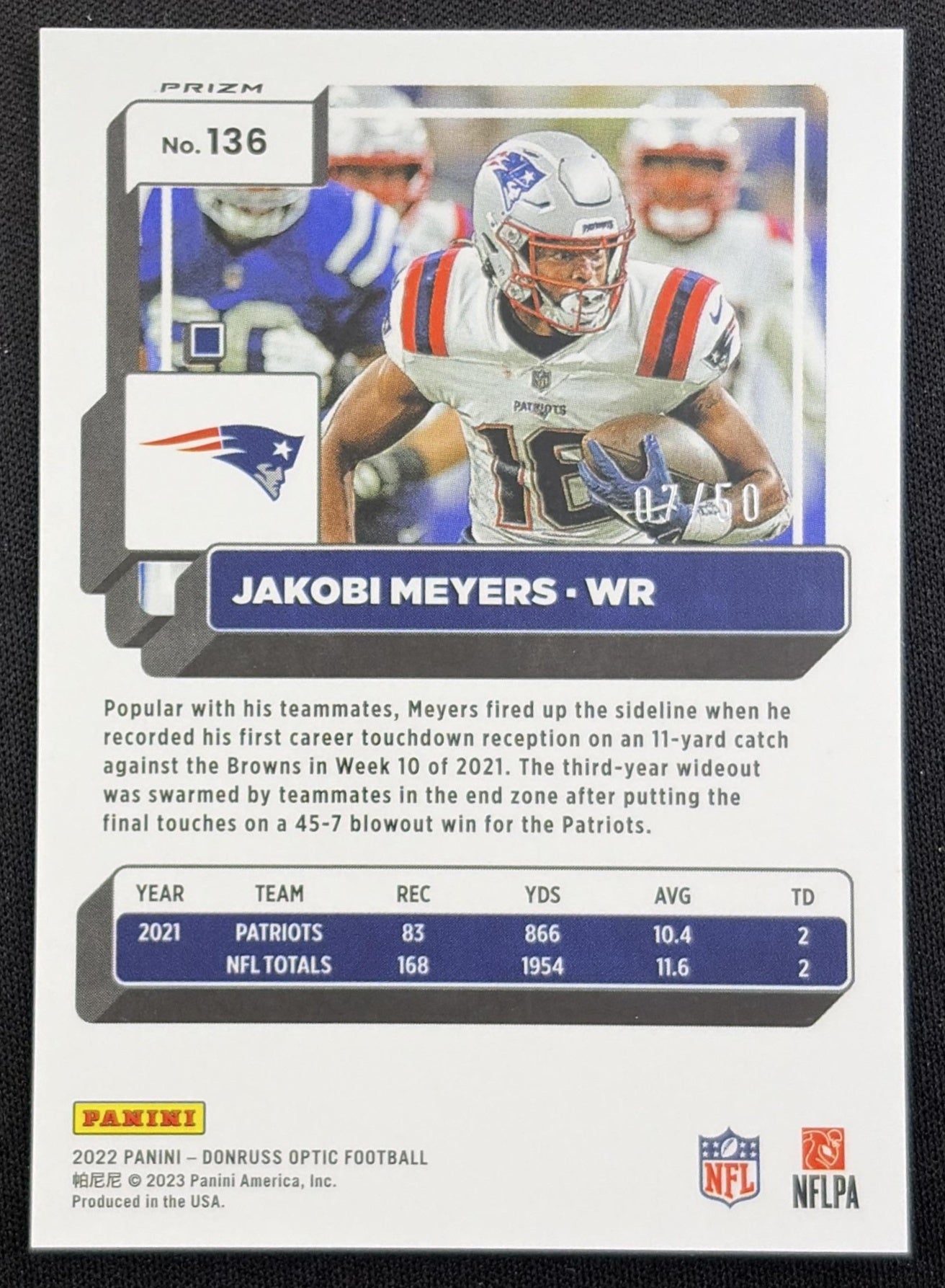 Jakobi Meyers 2022 Panini Donruss Optic Purple /50 Patriots