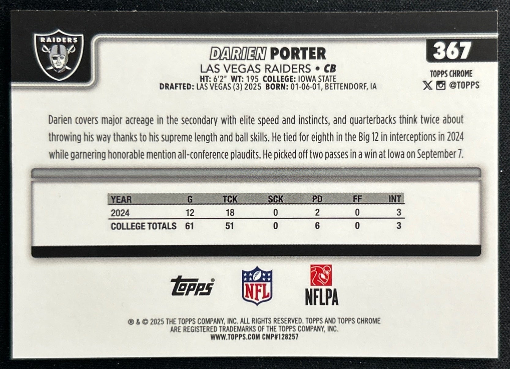 Darien Porter 2025 Topps Chrome Rookie Raiders Sports Trading Cards