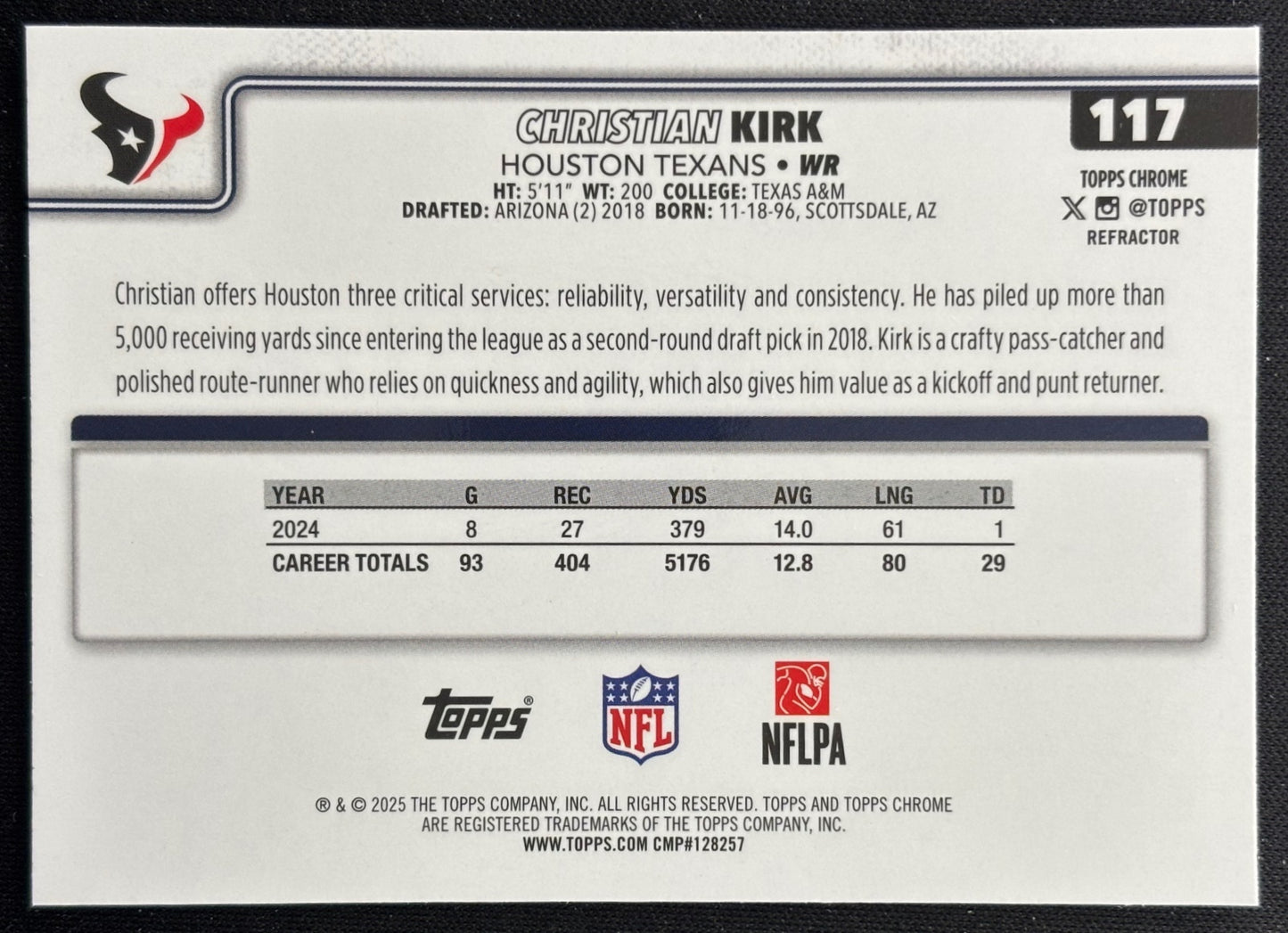 Christian Kirk 2025 Topps Chrome Refractor Texans Sports Trading Cards