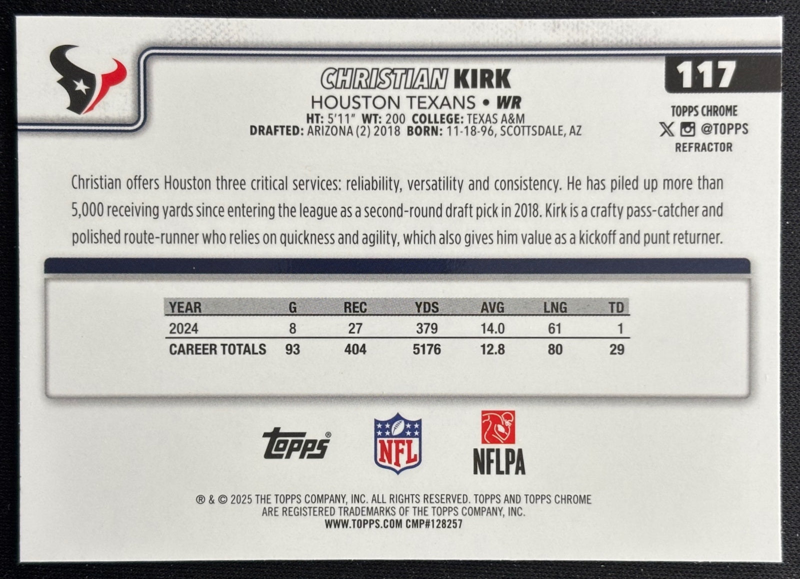 Christian Kirk 2025 Topps Chrome Refractor Texans Sports Trading Cards