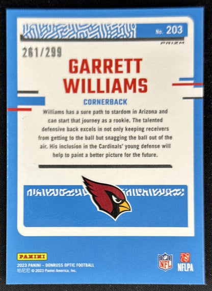 Garrett Williams 2023 Panini Donruss Optic Aqua Prizm /299 Cardinals back