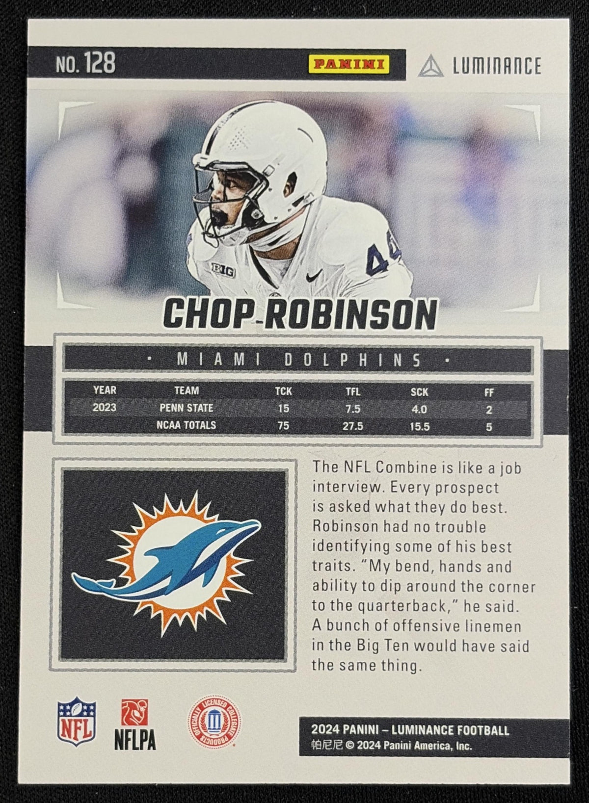 Back of Chop Robinson 2024 Panini Luminance Gold /299 Dolphins sports trading card