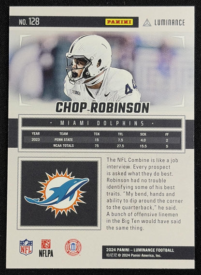 Back of Chop Robinson 2024 Panini Luminance Gold /299 Dolphins sports trading card