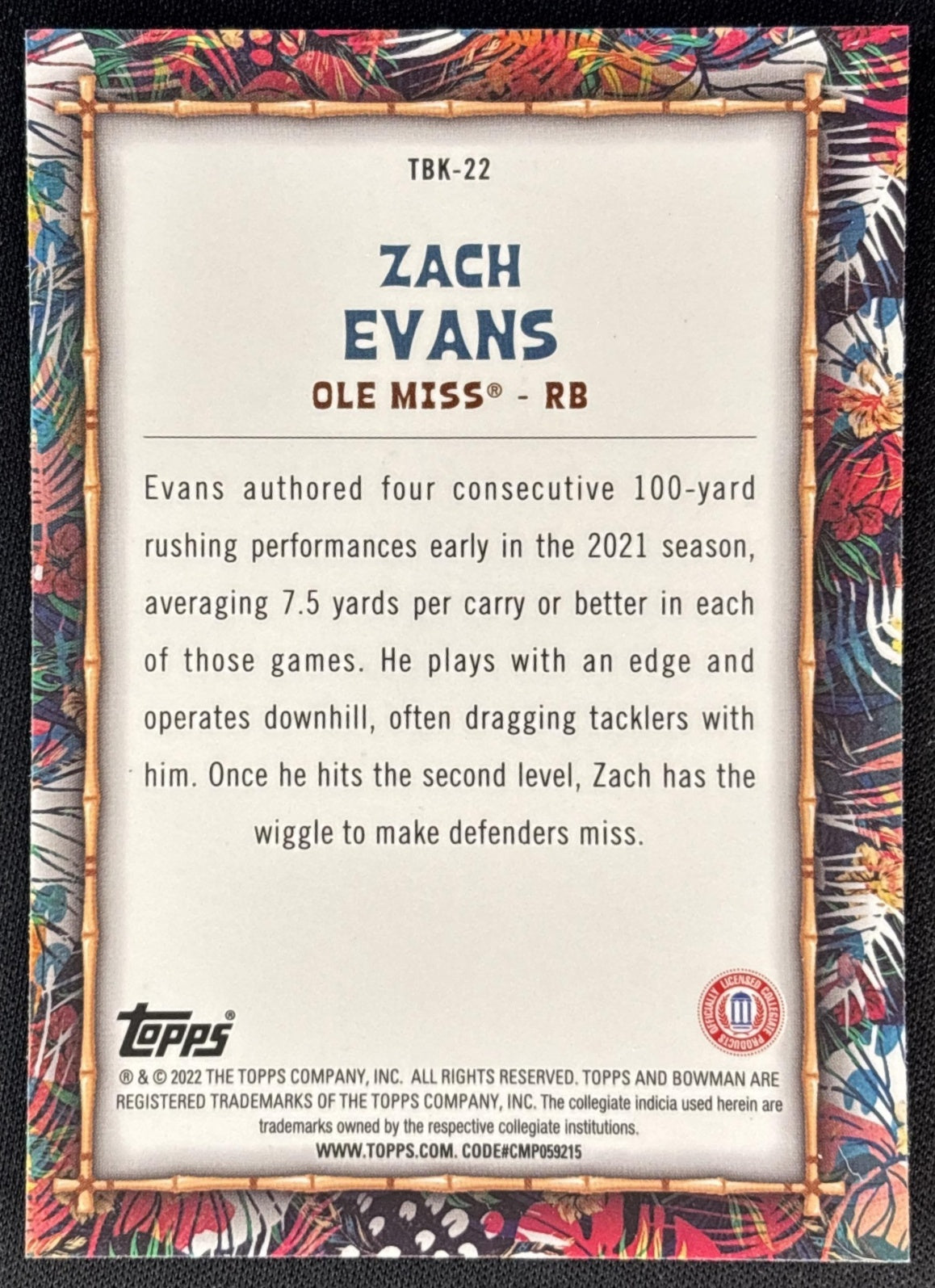 Zach Evans 2022 Bowman University Chrome The Big Kahuna Rebels back
