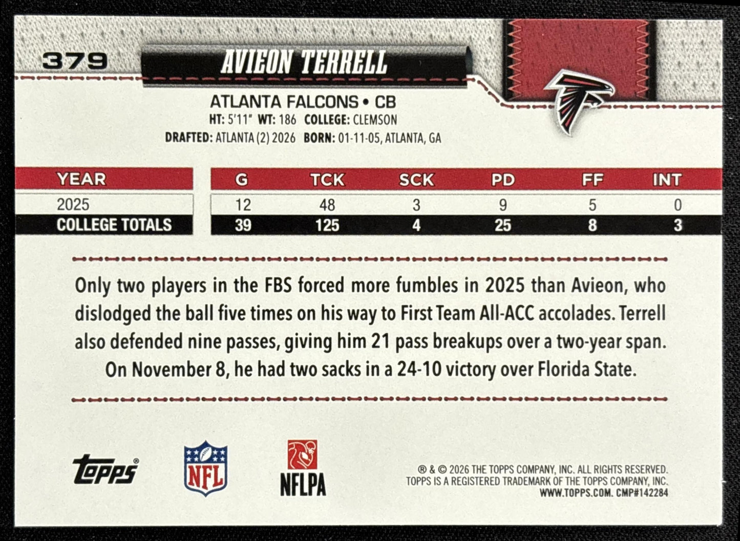 Avieon Terrell 2026 Topps Football Leather Foil Falcons