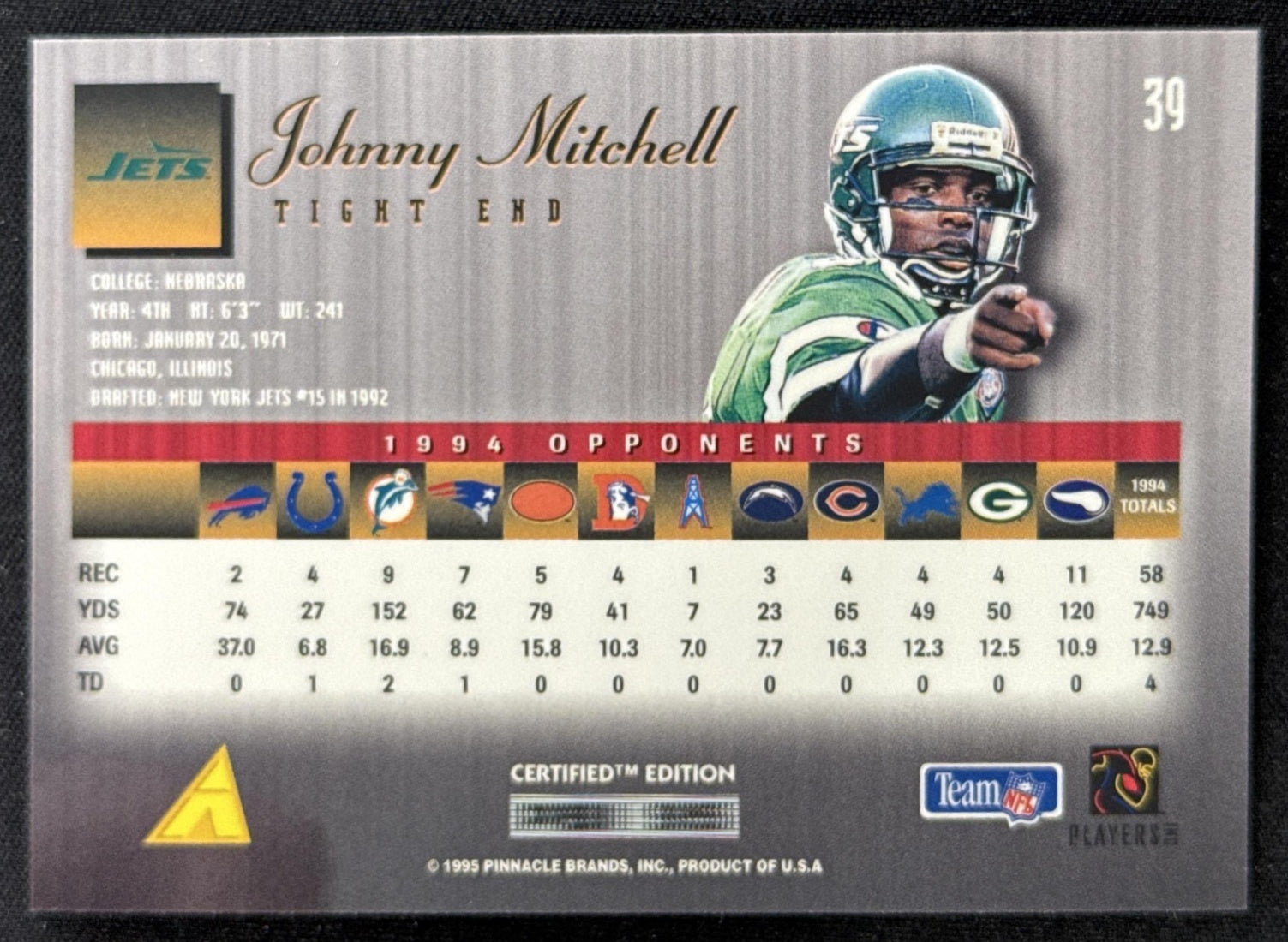 Johnny Mitchell 1995 Pinnacle Select Certified Jets Sports Trading Card