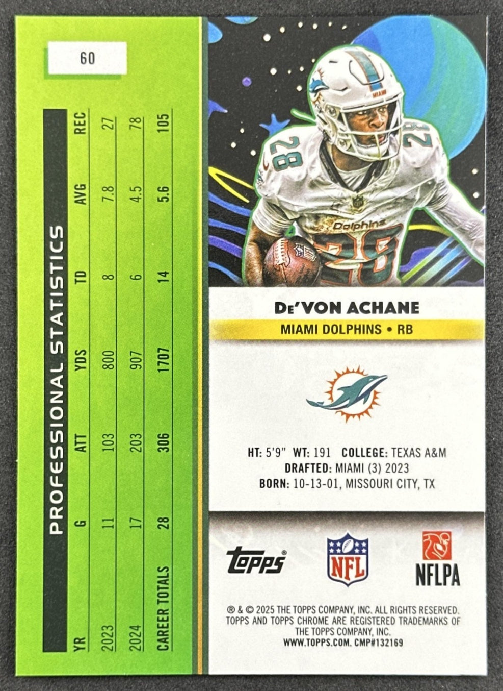 De'Von Achane 2025 Topps Cosmic Chrome Dolphins back
