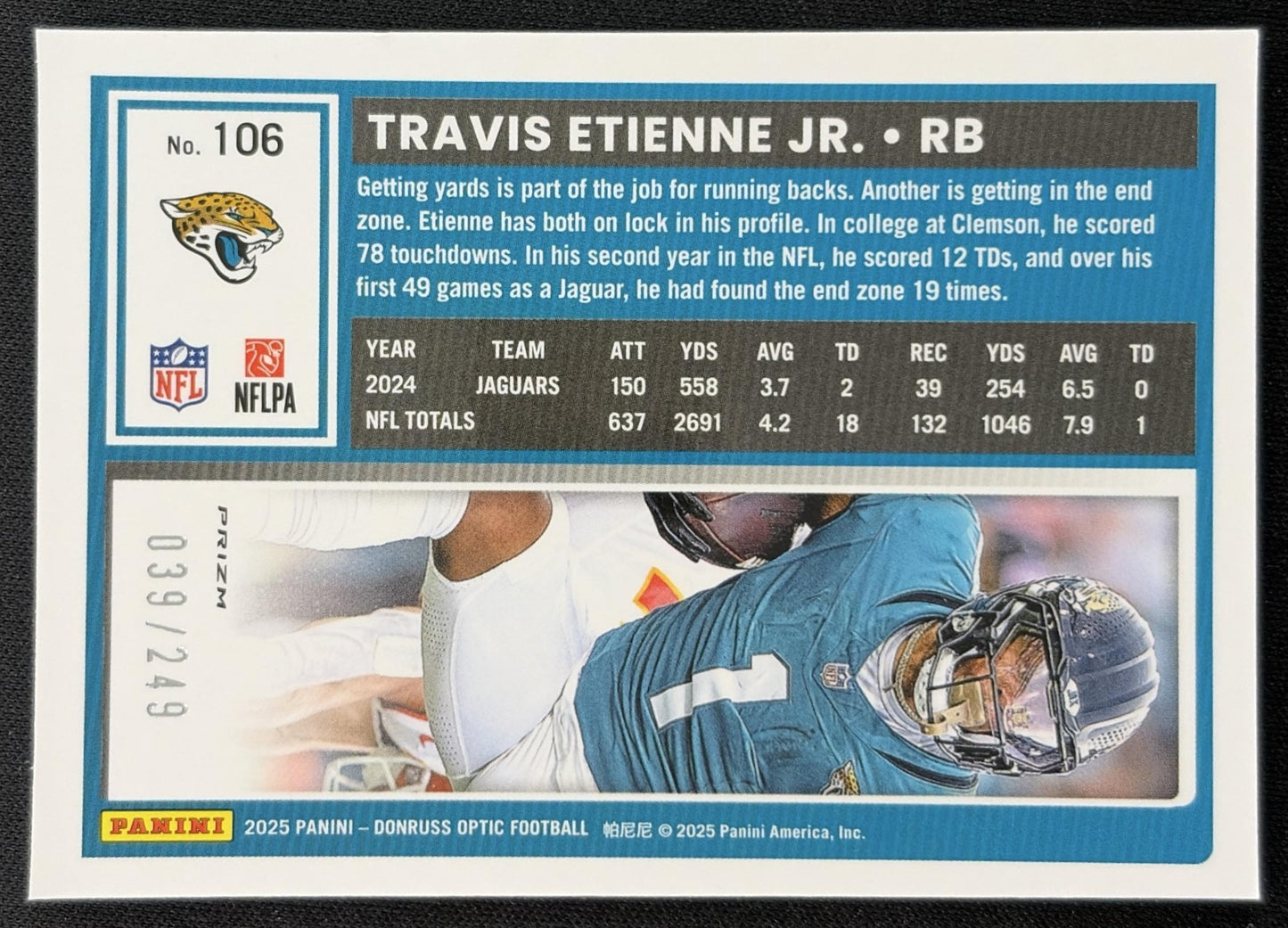Travis Etienne Jr. 2025 Panini Donruss Optic Blue Prizm /249 Jaguars back