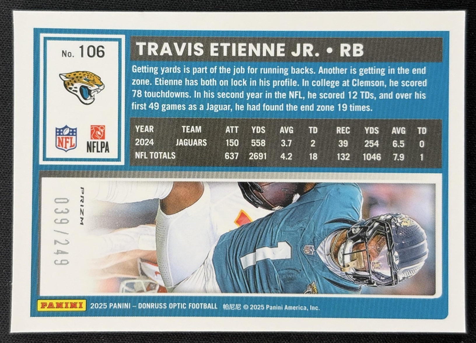 Travis Etienne Jr. 2025 Panini Donruss Optic Blue Prizm /249 Jaguars back