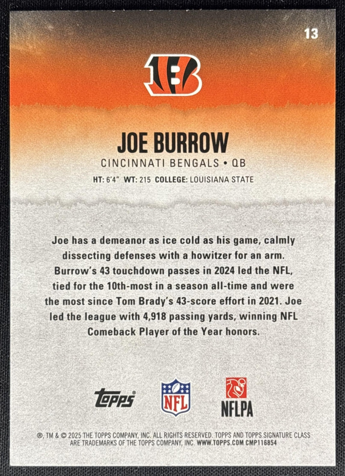 Joe Burrow 2025 Topps Signature Class Veteran Blue & Yellow Foil Bengals Sports Trading Cards