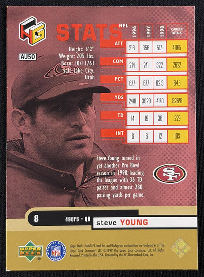 Back of Steve Young 1999 Upper Deck HoloGrFX AuSome 49ers sports trading card