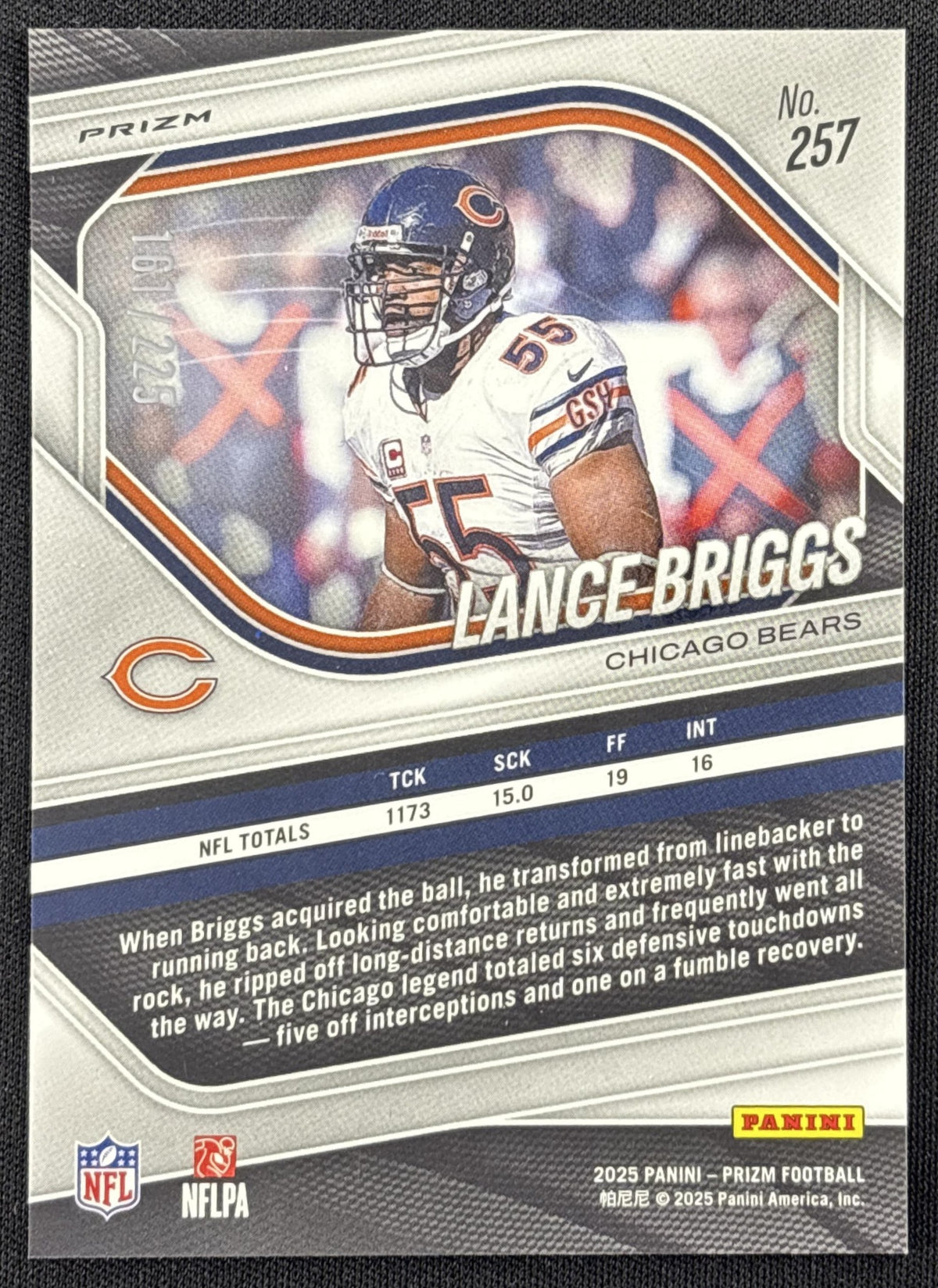 Lance Briggs 2025 Panini Prizm Purple Ice /225 Bears
