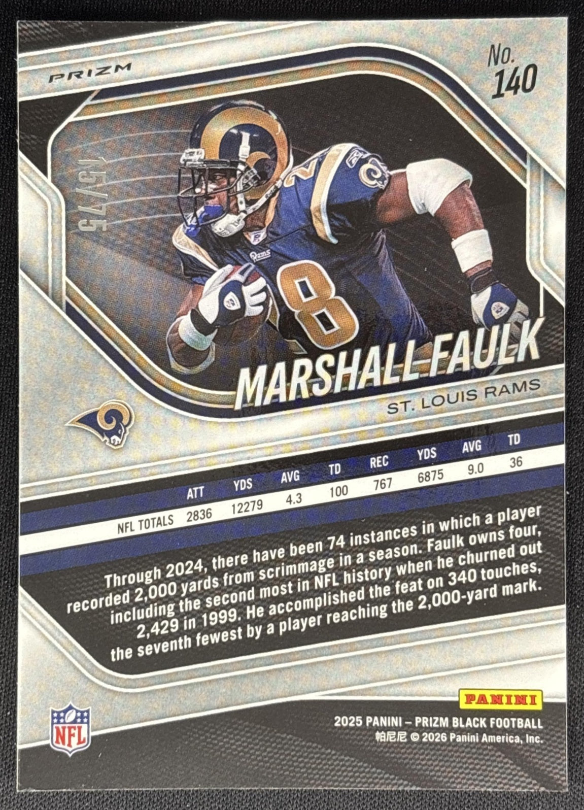 Marshall Faulk 2025 Panini Prizm Black Red Power /75 Rams Sports Trading Card