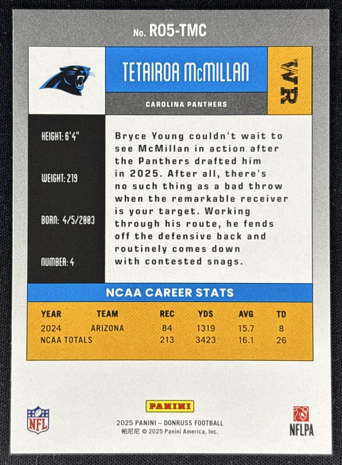 Tetairoa McMillan 2025 Panini Donruss Retro 2005 Panthers