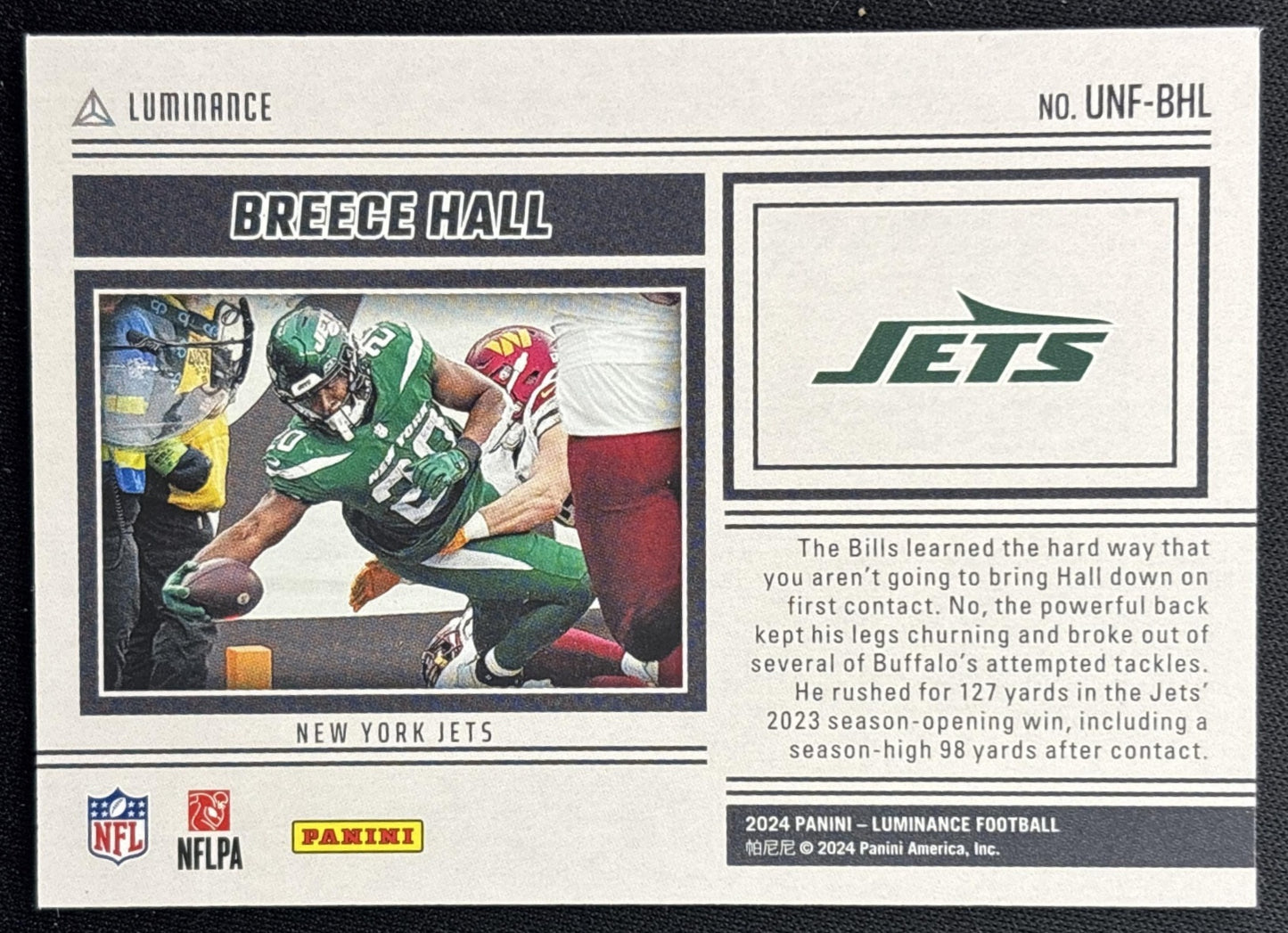 Breece Hall 2024 Panini Luminance Unforgettable Orange /100 Jets
