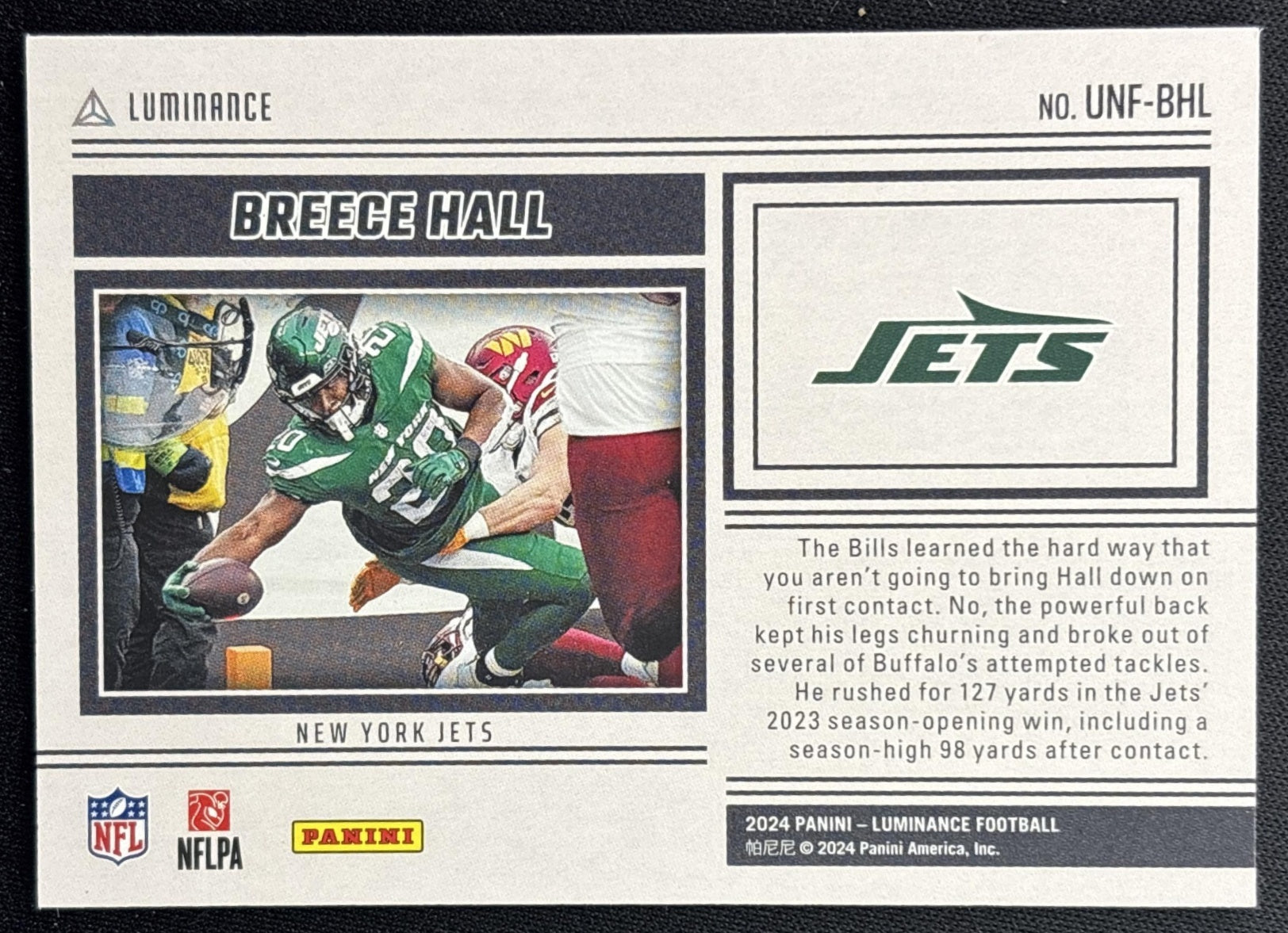 Breece Hall 2024 Panini Luminance Unforgettable Orange /100 Jets