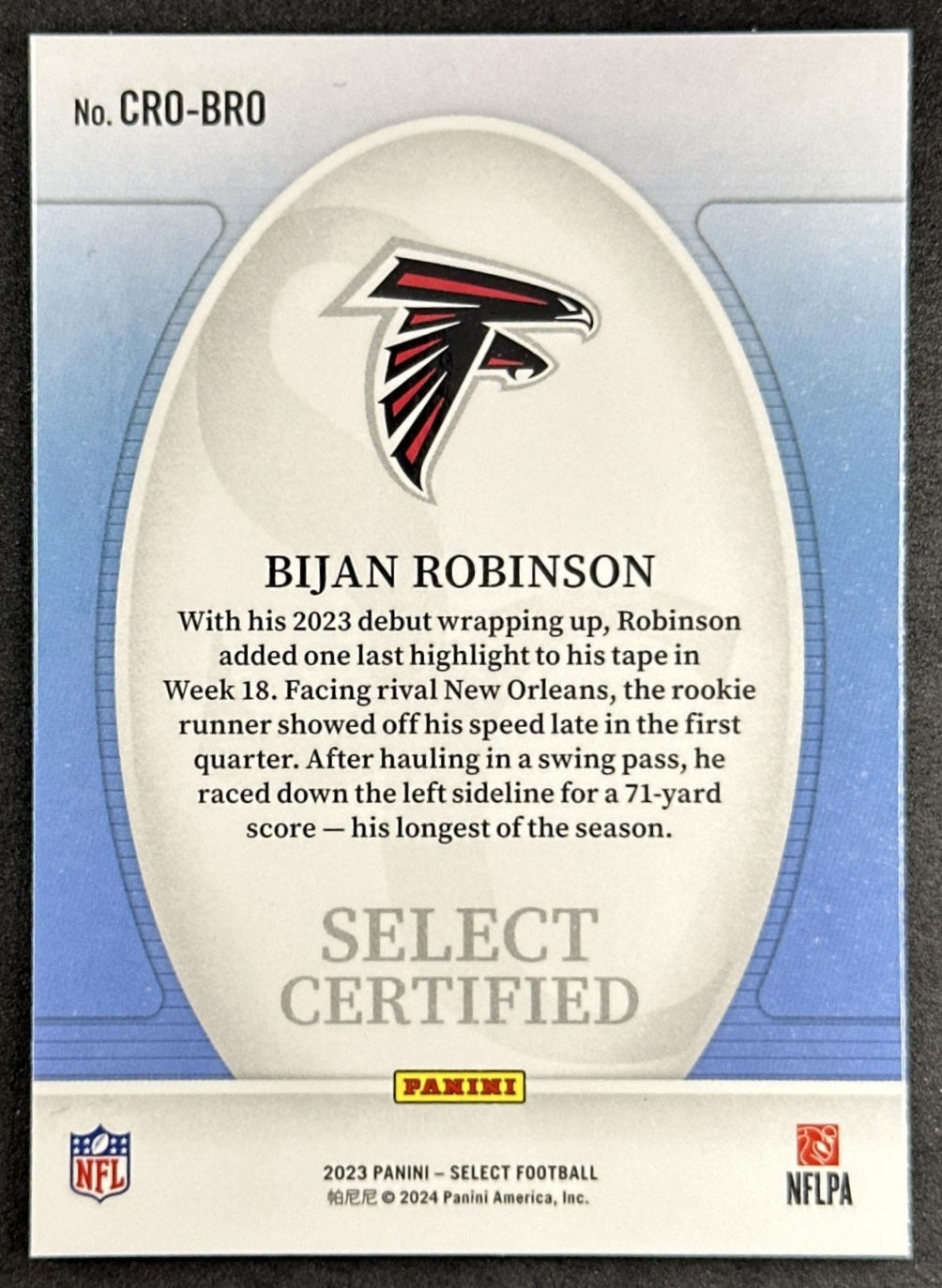 Bijan Robinson 2023 Panini Select Certified Rookies Falcons Sports Trading Card