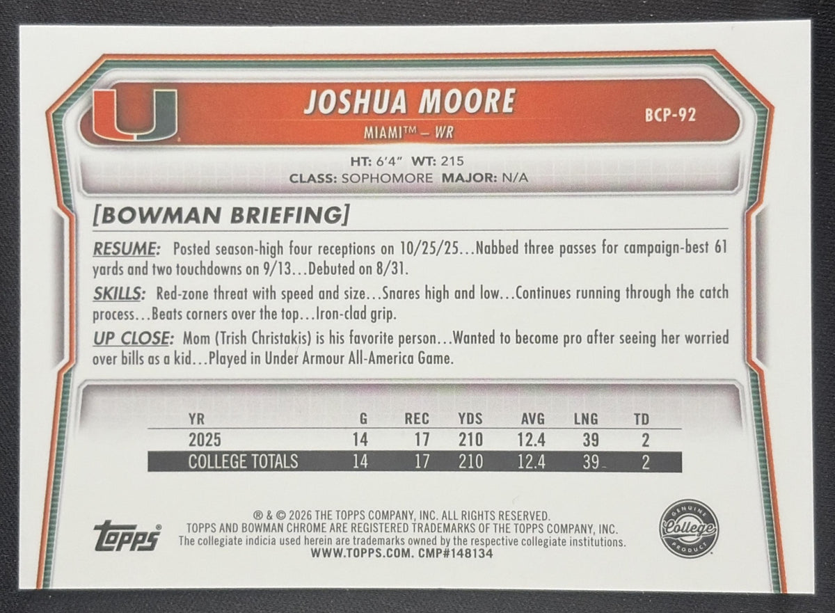 Joshua Moore 2026 Bowman Chrome Prospects Mojo Refractor Hurricanes Sports Trading Card