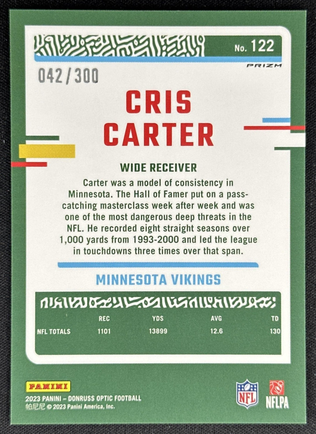 Cris Carter 2023 Panini Donruss Optic Wave Prizm /300 Vikings