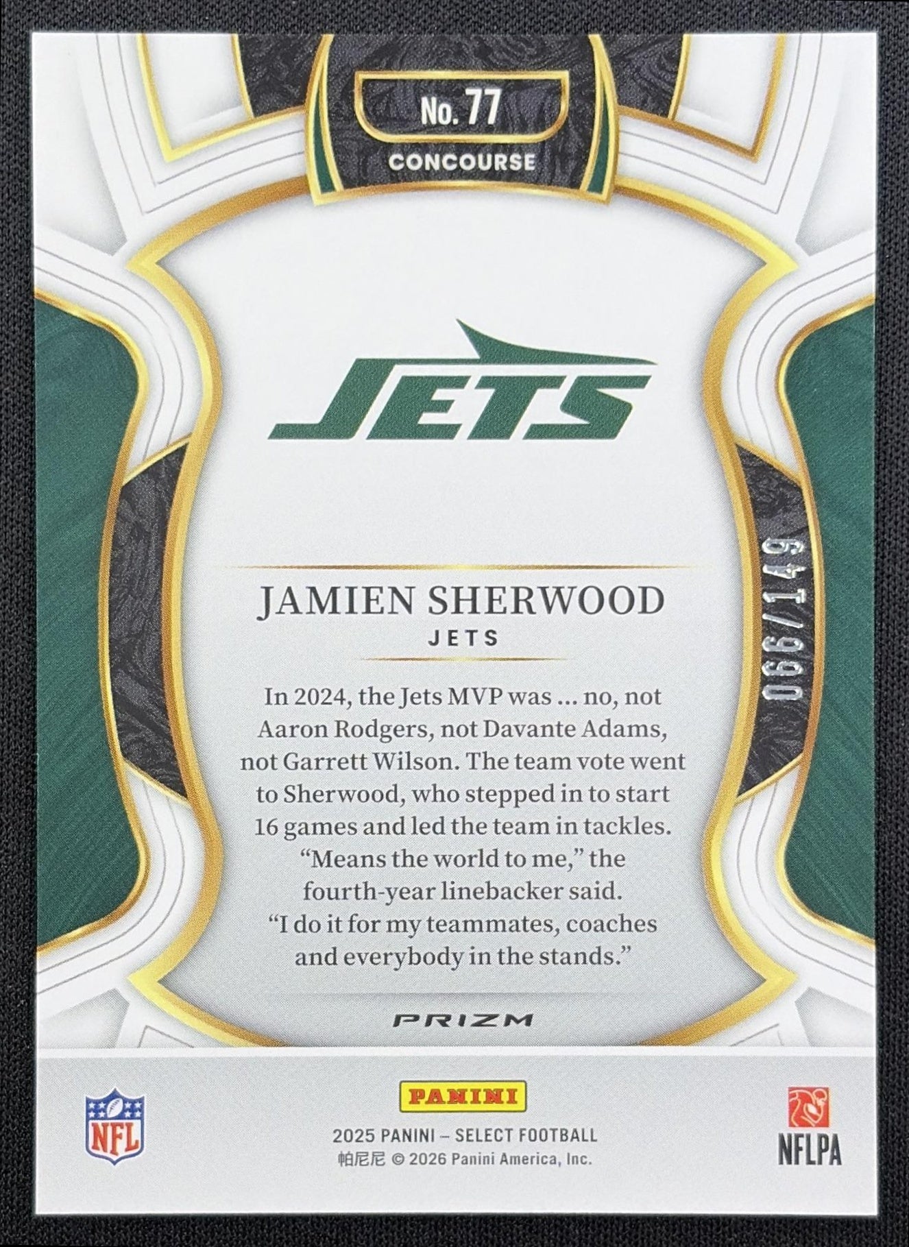 Jamien Sherwood 2025 Panini Select Concourse Maroon Prizm /149 Jets back
