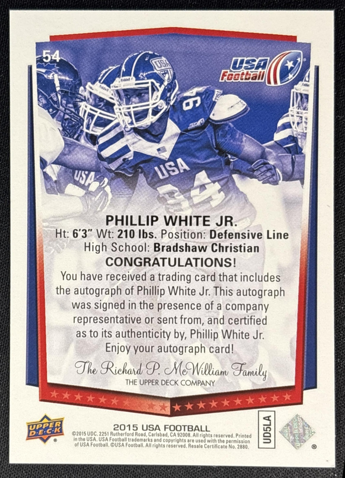 Phillip White Jr. 2015 Upper Deck USA Football Auto back